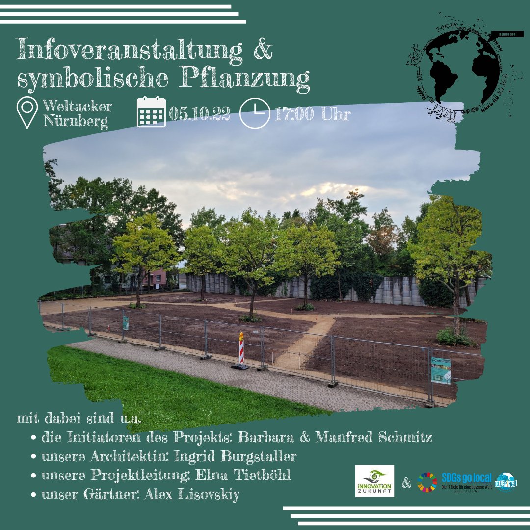 Weltackernbg's tweet photo. Infoveranstaltung: 05.10. um 17 Uhr auf dem Weltacker. An diesem Tag werden wir unsere erste symbolische Pflanzung vornehmen. Wir würden uns freuen, wenn ihr bei diesem besonderen Ereignis mit dabei wärt.#weltacker #weltackernuernberg #2000qm #2000m2 #bluepingu #sdg #sdgsgolocal https://t.co/hyxdRJg5ey