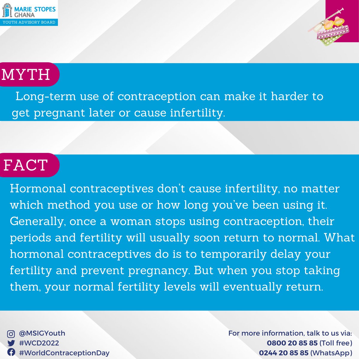 MSIGYouth's tweet photo. Long-term usage of hormonal contraceptives (such as intrauterine devices, implants, pills, injections, vaginal rings, etc) do not cause infertility.
See flyer for more information.
#MSIGYouth #FPWeek https://t.co/uLD3pjST5n