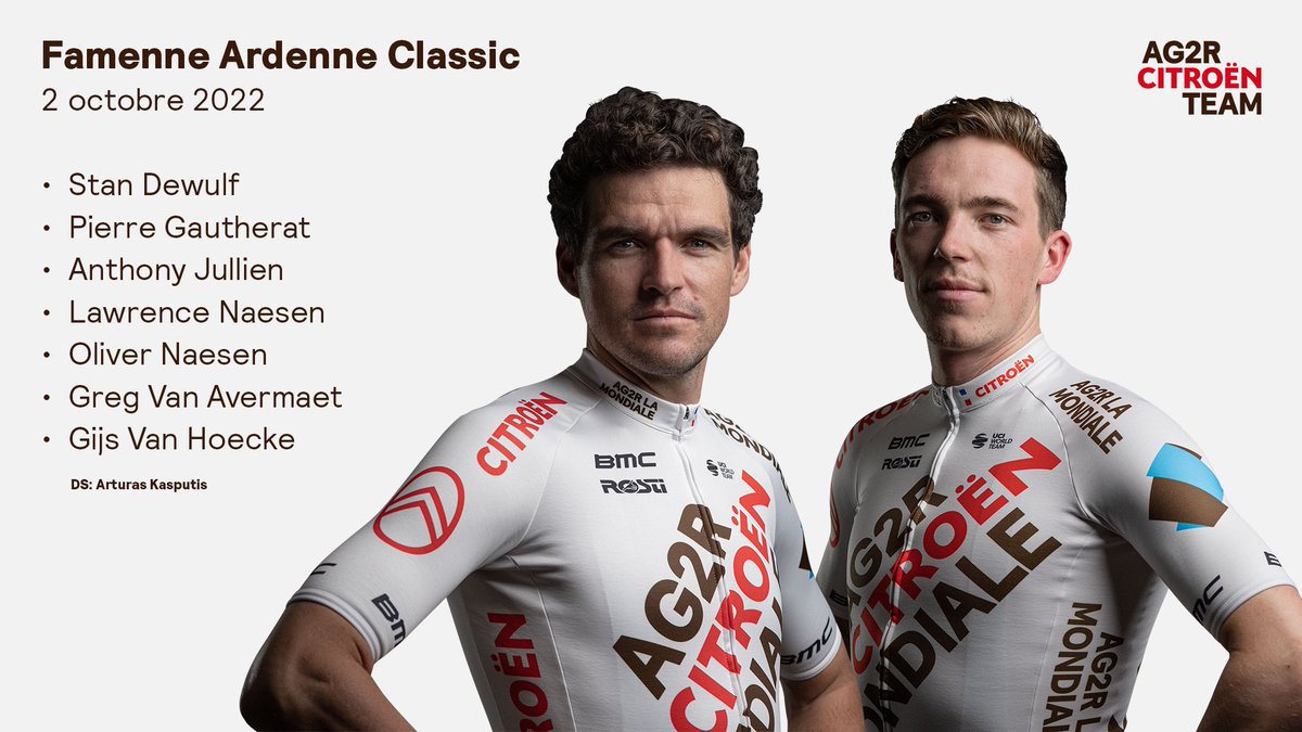 decathloncmacgm's tweet photo. 🇧🇪 Famenne Ardenne Classic
🗓 02/10

🇧🇪 @Stan_Dewulf1 
🇫🇷 @PGautherat 
🇫🇷 @jullien_anthony 
🇧🇪 @LawrNaesen 
🇧🇪 @OliverNaesen 
🇧🇪 @GregVanAvermaet 
🇧🇪 @gijsvanhoecke 

#AG2RCITROËNTEAM #RoulonsAutrement #RideDifferently https://t.co/Y7jh8pZxRO