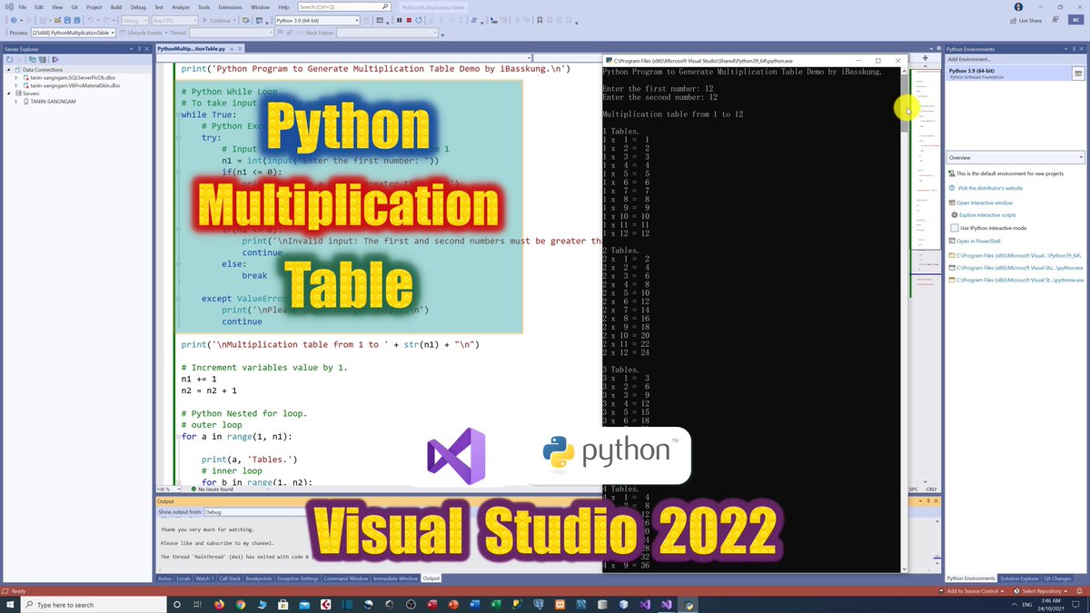 IBasskung's tweet photo. Python Tutorial : Create Multiplication Table based on User Input: https://t.co/Fj1YYXtunZ
- Source code: https://t.co/hg3nquxaCw
#Python #VisualStudio2022 #ConsoleApp #ForLoop #MultiplicationTable #CodeAMinute #iBasskung #Programmer #Programming #Coding https://t.co/Lnl6LcSuDO