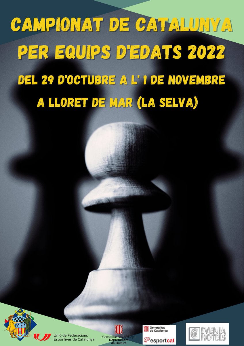 ♟️ Circular CAT/EBA 27/2022 Campionat de Catalunya per equips d'edats. Categories des de sub-8 fins a sub-20.

📅 Del 29 d'octubre a l'1 de novembre de 2022.

🔗 cutt.ly/BVCIorw