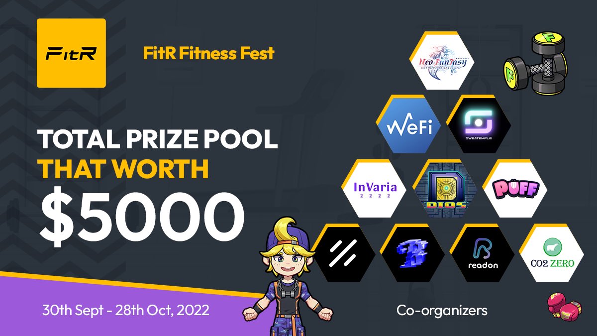 FitRofficial's tweet photo. 🎉 #FitR Fitness Fest with @NEOFANTASY_Game @DIOsNFT_ @co2zero2050 @InVarFinance @ReadOnMe3 @MetaBeatOffl @sweatemple @WeFi_DAO @Puffverse powered by @GalxeHQ 

⏰Period: 30 Sept- 28 Oct

👉Campaign: https://t.co/tcJptzEkaQ https://t.co/czSJd7FVH4