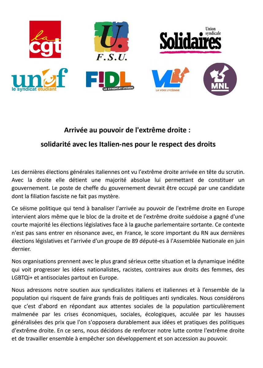 Communiqué unitaire.

Arrivée au pouvoir de l'extrême droite : solidarité avec les Italien-nes pour le respect des droits.
 solidaires.org/sinformer-et-a…