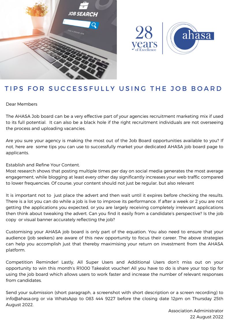 AHASA_ZA's tweet photo. Are you sure your agency is making the most out of the  Job Board opportunities available? 🤨If not, here are some tips  to successfully market your dedicated AHASA job board page to potential work-seekers

#healthcareprofessionals #healthcarecareers #nursingjobs #nursingcareers https://t.co/aJckmobLMQ