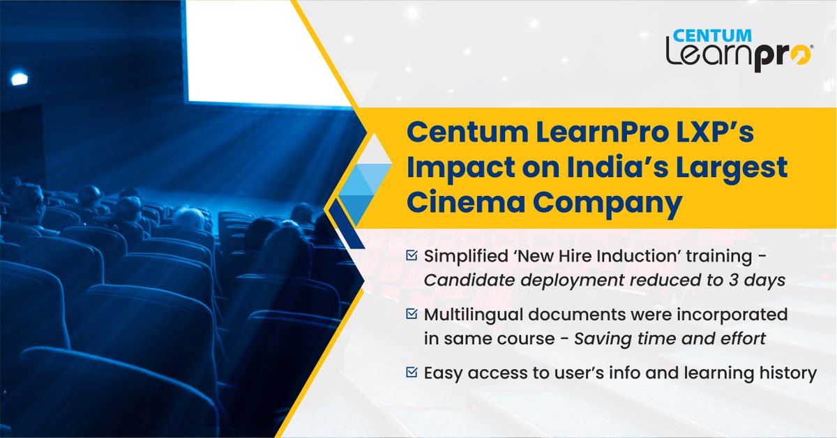 CentumLearning's tweet photo. India’s largest movie theater chain uses Centum LearnPro for their L&D needs. Know more: https://t.co/UtvgYDCNc5
#UnlockingHumanPotential #customerservice #cinema #film #movie #movies #customer #product #quality #centum #centumlearning #training https://t.co/S0hT19it1F