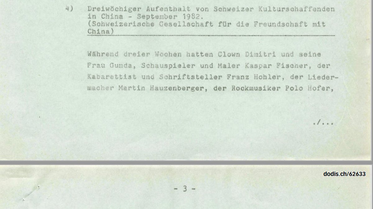 Dodis's tweet photo. Vor vierzig Jahren besuchten #ClownDimitri, #FranzHohler, #PoloHofer et al. #China. «Die Schweizer Kulturexponenten gaben nicht nur Proben ihres Könnens ab, sondern wurden von ihren chinesischen Partnern mit ganz neuen Kulturformen konfrontiert»: https://t.co/U77gxK3XbZ #histCH https://t.co/ZFa88aIITR
