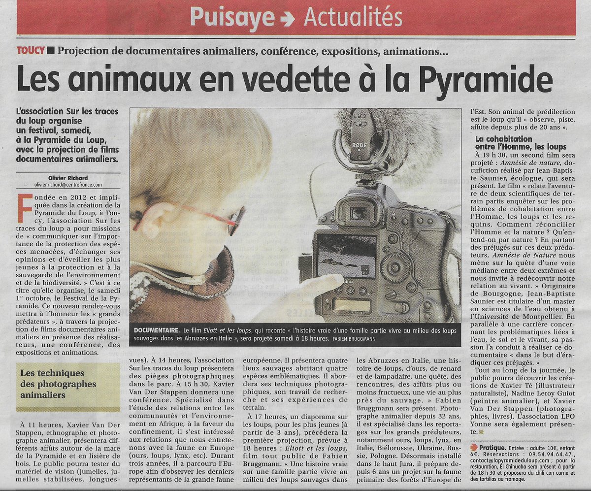 LesTracesduLoup's tweet photo. La Pyramide du Loup dans l'#yonnerépublicaine de ce jour ! Merci à l'Yonne Républicaine pour ce bel article présentant notre Festival du  Samedi 1er Octobre #Surlestracesduloup
https://t.co/nBKfGP5eP5

Ours, loups, lynx... De tous poils ! Plusieurs réalisateurs sur place https://t.co/eSlPud4KwI