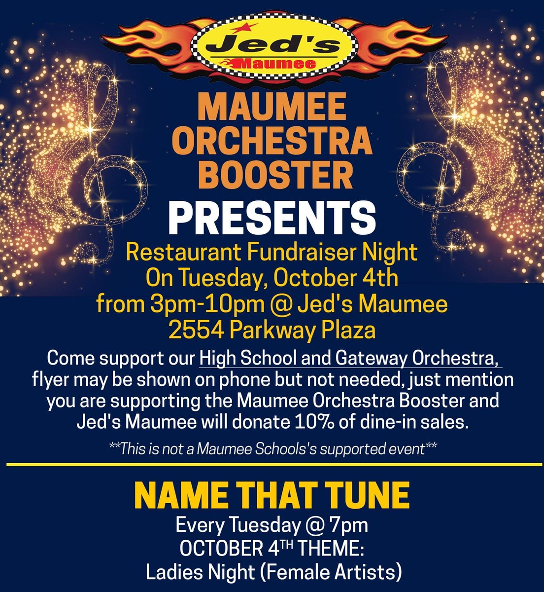 Tuesday!  Make your way out to Jed’s in Parkway Plaza and mention the orchestra!!!