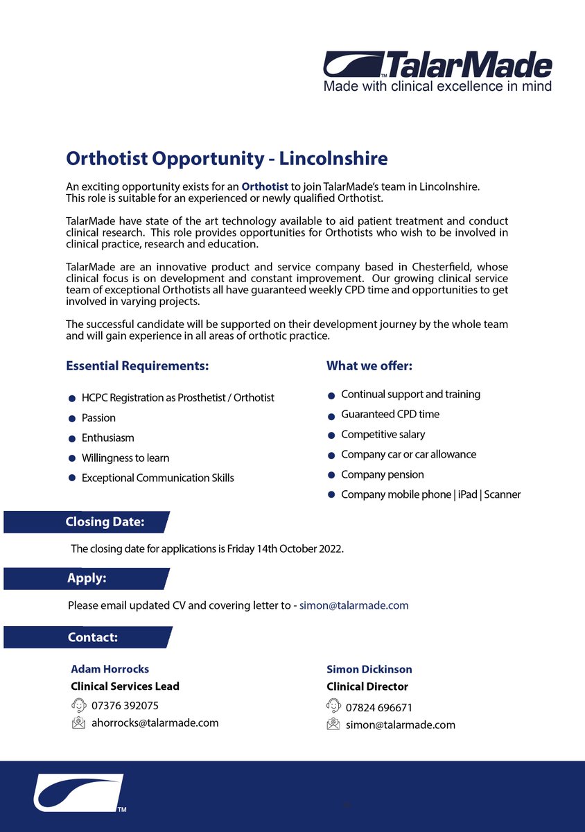 TalarMade Ltd (@talarmade) on Twitter photo We have a new Orthotist job opportunity in Lincolnshire with TalarMade. If you are interested in joining our team, please see below for more information or get in touch with us - email ahorrocks@talarmade.com
#orthotist #orthotics We have a new Orthotist job opportunity in Lincolnshire with TalarMade. If you are interested in joining our team, please see below for more information or get in touch with us - email ahorrocks@talarmade.com
#orthotist #orthotics