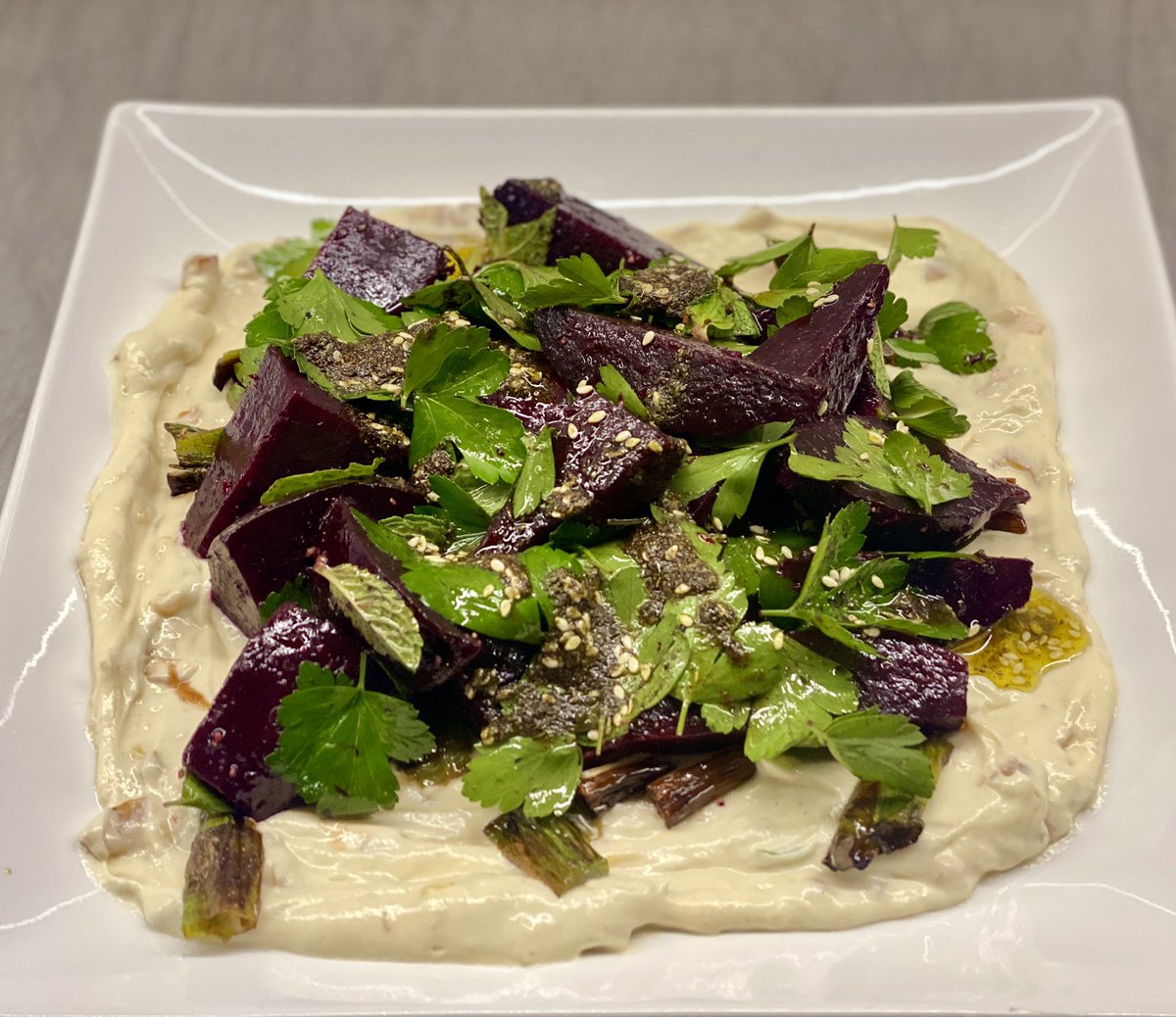 CallissClan's tweet photo. Beets with charred spring onions, za’atar &amp; feta cream #Ottolenghi #ExtraGoodThings #mymenuplan https://t.co/eHQEJ0cbPj