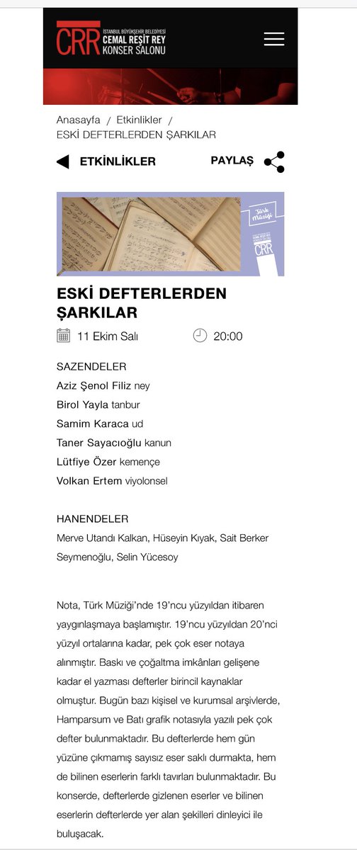 ESKİ DEFTERLERDEN ŞARKILAR
11 Ekim Salı
20:00
CRR Konser Salonu

SAZENDELER Aziz Şenol Filiz  Birol Yayla  Samim Karaca  Taner Sayacıoğlu Lütfiye Özer Volkan Ertem   HANENDELER Merve Utandı Kalkan, Hüseyin Kıyak, Sait Berker Seymenoğlu, Selin Yücesoy