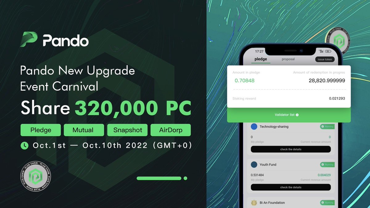 Plugchainclub's tweet photo. Pando new upgrade,Event Carnival.
320,000 PC rewarded for participating users.
4 major activities are easy to complete to get the grand prize.
📸Follow+RT+@ 3Frds+Like 
✅Activity details：
https://t.co/NsHenrT3Un https://t.co/08aBZ3PHHf