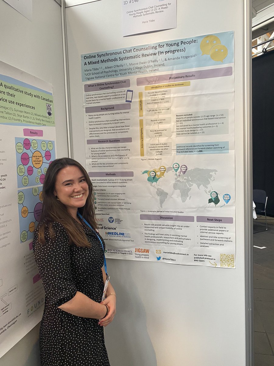 Delighted to present my poster on my systematic review of chat based counselling interventions (even if it is a bit creased!) at my first international conference in Copenhagen @JigsawYMH @UCDPsychology #IAYMH2022