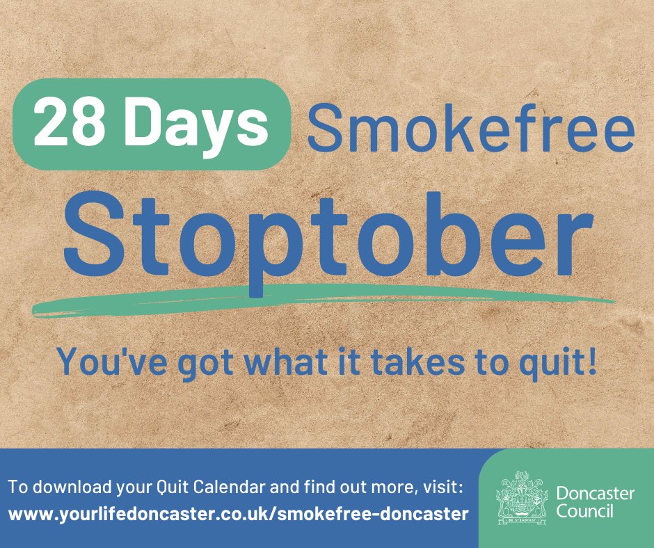 MyDoncaster's tweet photo. Thinking about stopping smoking? Stoptober is a great time to start!

There is help available across Doncaster for people looking to quit smoking.

For more information on support, advice, and to download your 28 Day Quit Calendar, visit: https://t.co/8BjuMN6oV3 https://t.co/gDFgIOMdHL