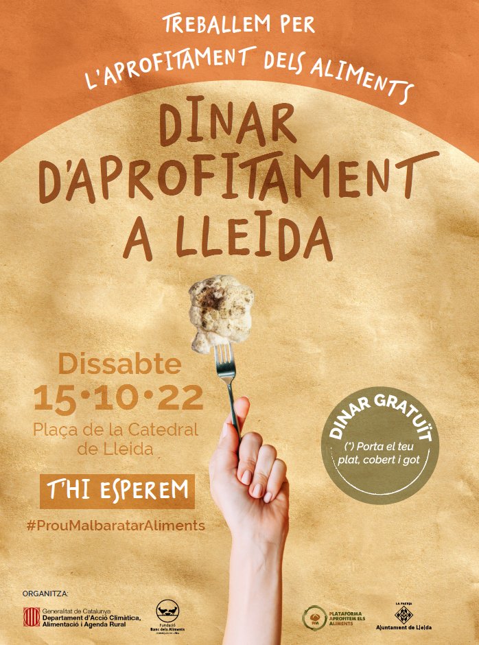 lleidaenverd's tweet photo. 🙋♂️Necessitem voluntaris per lluitar contra el malbaratament alimentari! 👉El proper 15/10 muntarem una cuina a la Pl. Catedral de Lleida i prepararem un àpat gratuït obert a tothom i elaborat amb aliments recuperats.
#ResiduZero #BonAprofitamentLleida #ProuMalbaratarAliments https://t.co/uSzNJM1fA9