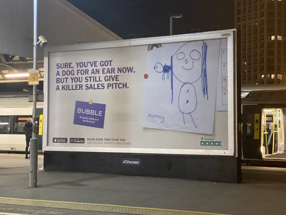 I love working for <a href="/bubbleChildcare/">Bubble childcare</a> and am so proud of our new ad campaign brought to life by our amazing marketing team and <a href="/creaturelondon/">Creature London</a> 

Had to get a selfie when I spotted our billboard on platform 14 at Clapham Junction 🤳 

joinbubble.com