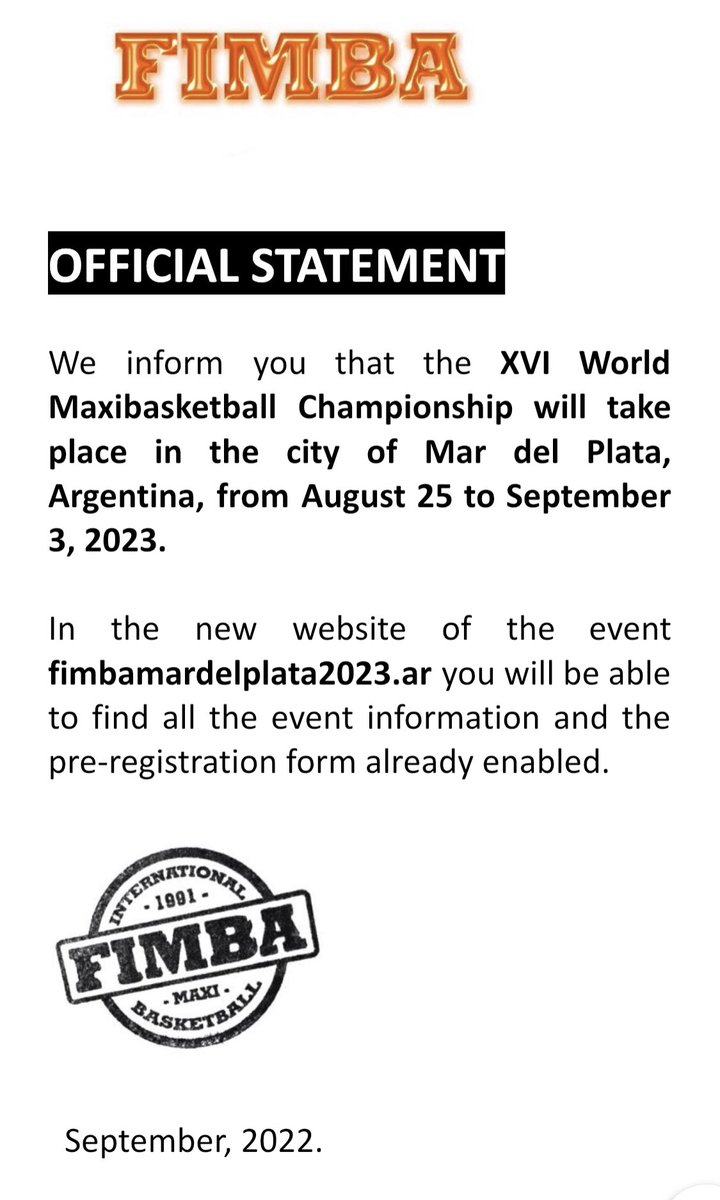 fimba's tweet photo. We inform you that the XVI World Maxibasketball Championship will take place in the city of Mar del Plata, Argentina, from August 25 to September 3, 2023. #worldchampionship #maxibasketball https://t.co/ZskUFJQYBc