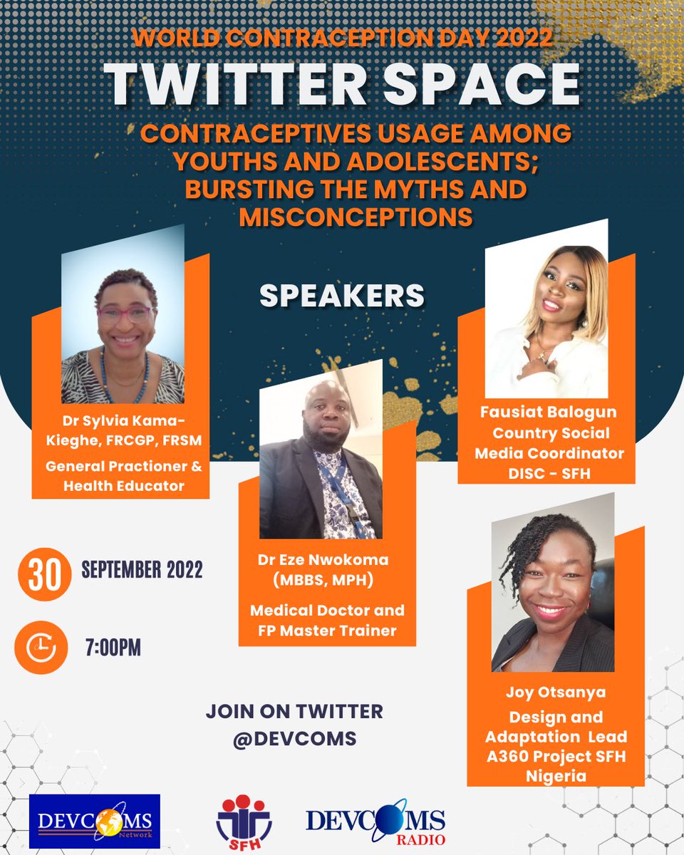 Devcoms's tweet photo. To commemorate #WCD2022 join us on Twitter space by 7pm for an interesting #FPFriday conversation “Contraceptives usage among youths and adolescents; bursting the myths and misconceptions”

https://t.co/8vIMLMprTK https://t.co/65i9dN1SoX