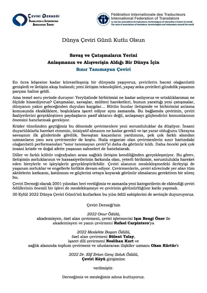 We are excited to share the news that our Editor-in-Chief Prof. Dr. Işın Öner has been granted the “2022 Honor Award” 🏆 by Translation &amp; Interpreting Association Turkey (<a href="/CeviriDernegi/">Çeviri Derneği</a>) on this very special International Translation Day! 🎉🏆📣 <a href="/diyeGC/">diye Global Communications</a>