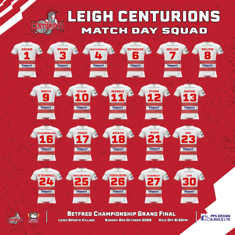 LeighLeopardsRL's tweet photo. 🚨 𝙈𝘼𝙏𝘾𝙃 𝘿𝘼𝙔 𝙎𝙌𝙐𝘼𝘿

📝 Here is the Leigh Centurions squad for our Betfred Championship Grand Final clash at @lsvstadium against Batley Bulldogs on Sunday, 6:30pm kick-off. 👇

#Leythers 🔴