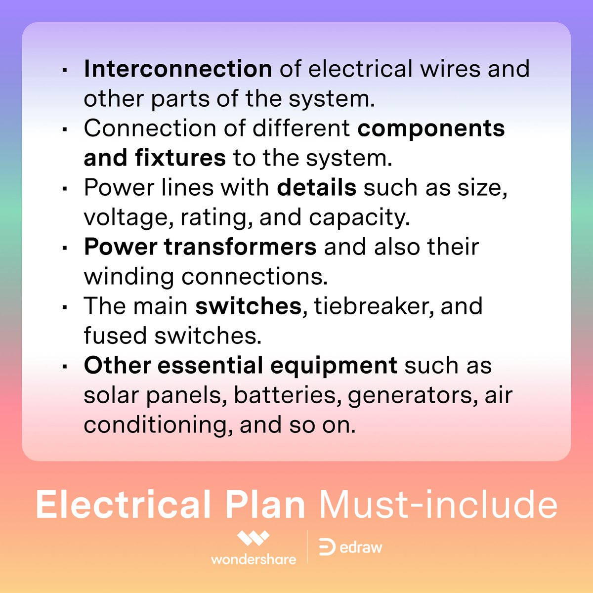 edrawsoft's tweet photo. ✅ Must-included Details for Electrical Plan✅
🧐Do you know of any other details that are easy to miss?
🥰Share your ideas!
#electricalengineering #electricaldesign #Wondershare #edraw #edrawmind #edrawmax #studywithedraw https://t.co/e8o99RoguG
