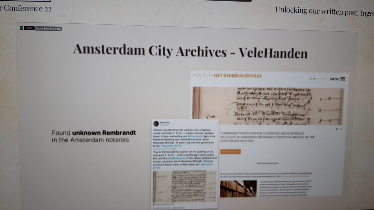 voetnoot's tweet photo. 'Do you know Rembrandt?', is a gimmick we often use in our presentations on the use of #HTR in @Stadsarchief. Not present today at the Transkribus Users Converence in Innsbruck, but happy to see that #Rembrandt. #tuc22 #clcl #alleakten @GoldenAgents https://t.co/kdc6dTcHaS