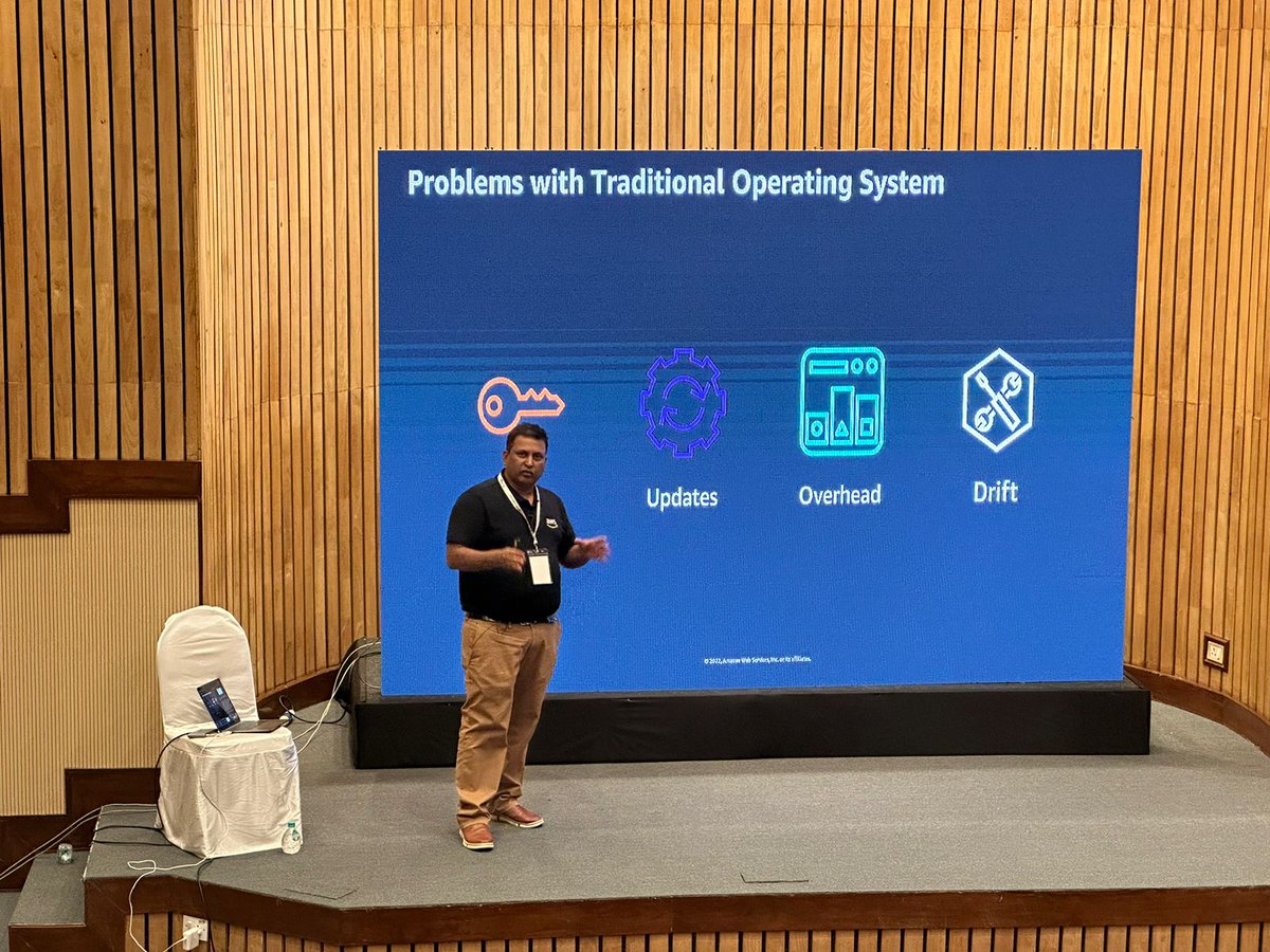 OpenSourceForU's tweet image. Mani Chandrasekaran, Lead Architect, Amazon Internet Services Pvt. Ltd. is now on stage discussing “Getting started with Bottlerocket” at our IT Infra: Security, Storage &amp;amp; Cloud Track in Hall C at Open Source India 2022. 
#OSI2022 #OpenSource #Kubernetes #Developers #DevOps #OSI