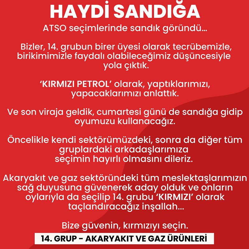 ATSO seçimlerinde sandık göründü…

İnşallah 14.Grubu ‘KIRMIZI’ olarak taçlandıracağız. 

Bize güvenin, kırmızıyı seçin❗️

Antalya için Kırmızı Petrol 14.Grup⛽️

#14gruppetrolculer
#antalyakırmızıpetrol 
#kırmızı #antalyaiçinkirmizi #birliktengüçlüticarete #atso #rengimizkırmızı