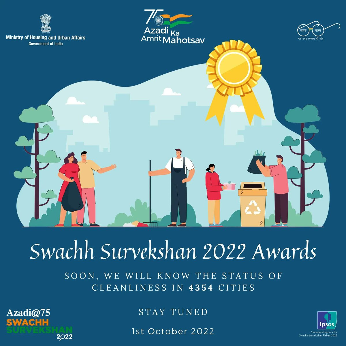 IpsosInIndia's tweet photo. Ipsos India Public Affairs team completed cleanliness survey of 4354 cities for the Ministry of Housing and Urban Affairs . We will know the status of the cleanliness of 4354 cities on 1st October. Stay tuned for the #SwachhSurvekshan2022 Awards to learn more! https://t.co/FiiBSANgyv