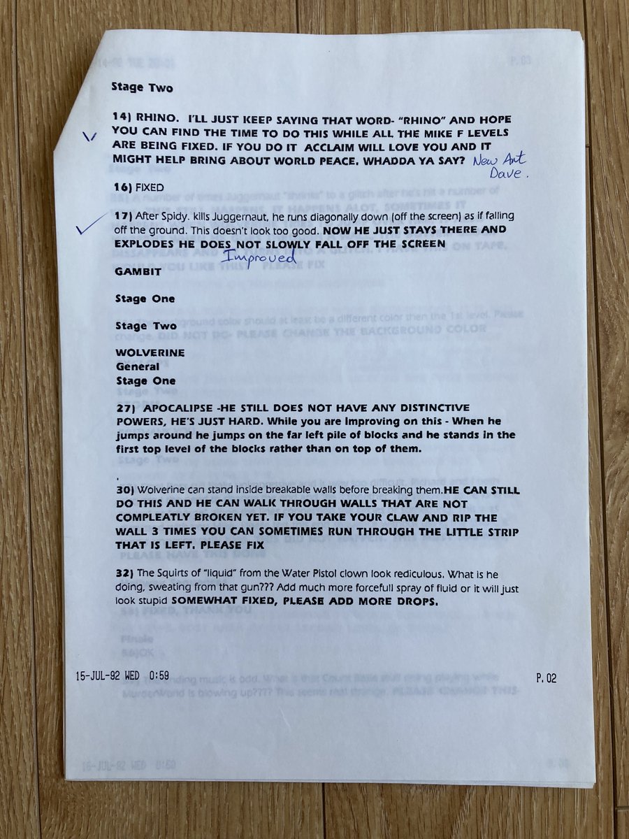 KevEdwardsRetro's tweet image. 30 years ago we were working on SNES &apos;Spider-Man and the X-Men in Arcade&apos;s Revenge&apos;. We had very little time for this project and had 3 very experienced coders on-board to get it done. Here&apos;s a FAX from production at Acclaim to give you a flavour of the pressure we were under 1/2