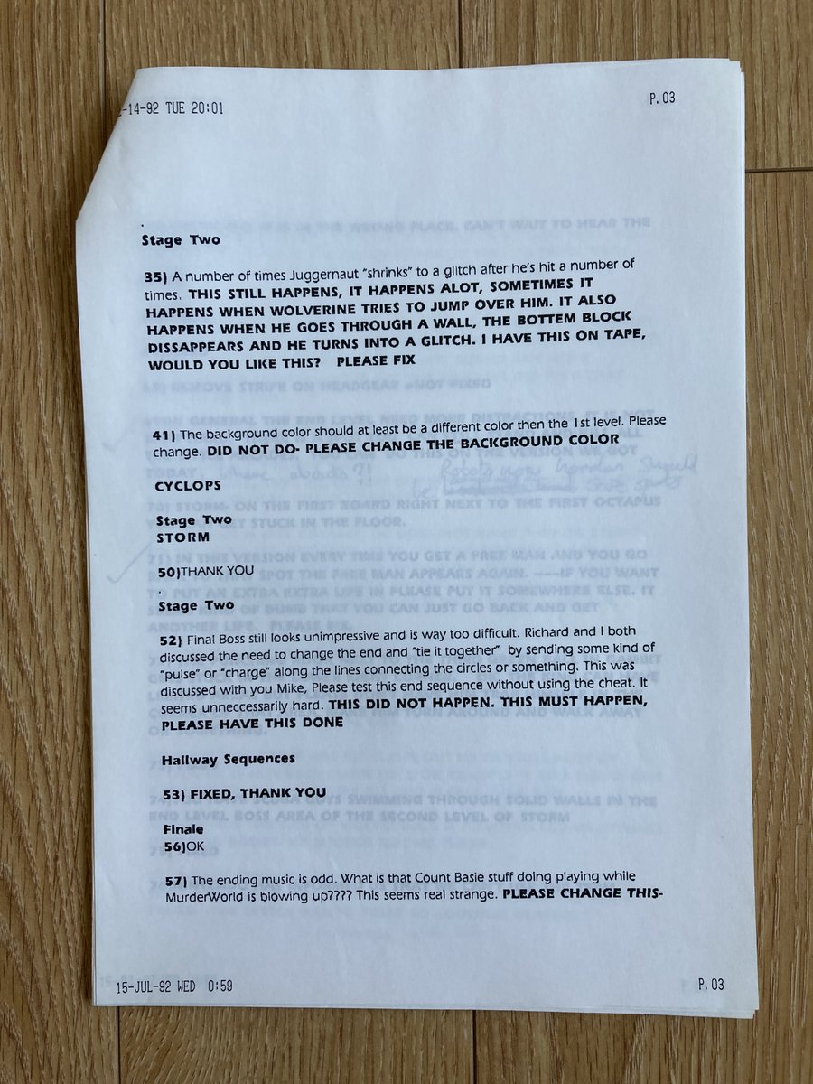 KevEdwardsRetro's tweet image. 30 years ago we were working on SNES &apos;Spider-Man and the X-Men in Arcade&apos;s Revenge&apos;. We had very little time for this project and had 3 very experienced coders on-board to get it done. Here&apos;s a FAX from production at Acclaim to give you a flavour of the pressure we were under 1/2