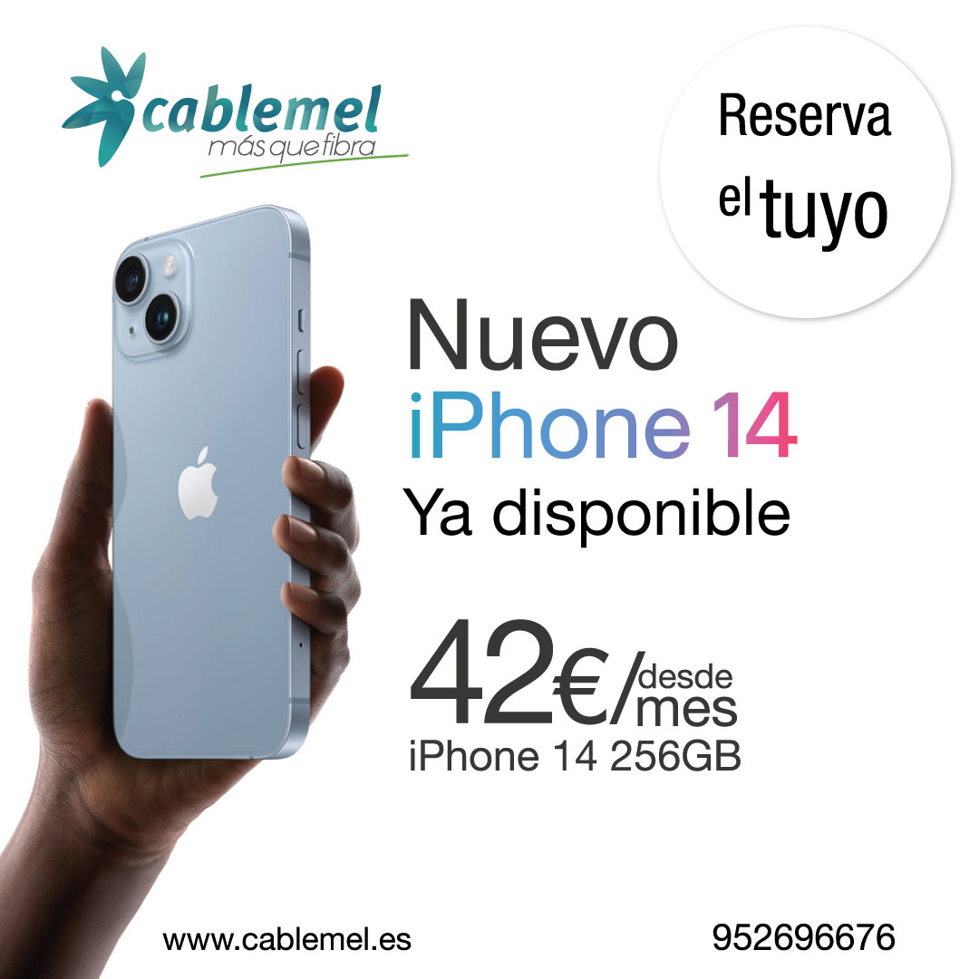 CablemelMelilla's tweet photo. ¡Ya disponible el nuevo #iPhone14!
vente a #Cablemel y consigue el último iPhone desde 42€/mes. Consulta condiciones en tu tienda Cablemel.
#melilla #másquefibra #somosmelilla #tecnología #notecompliques https://t.co/KmwCfCrz6V