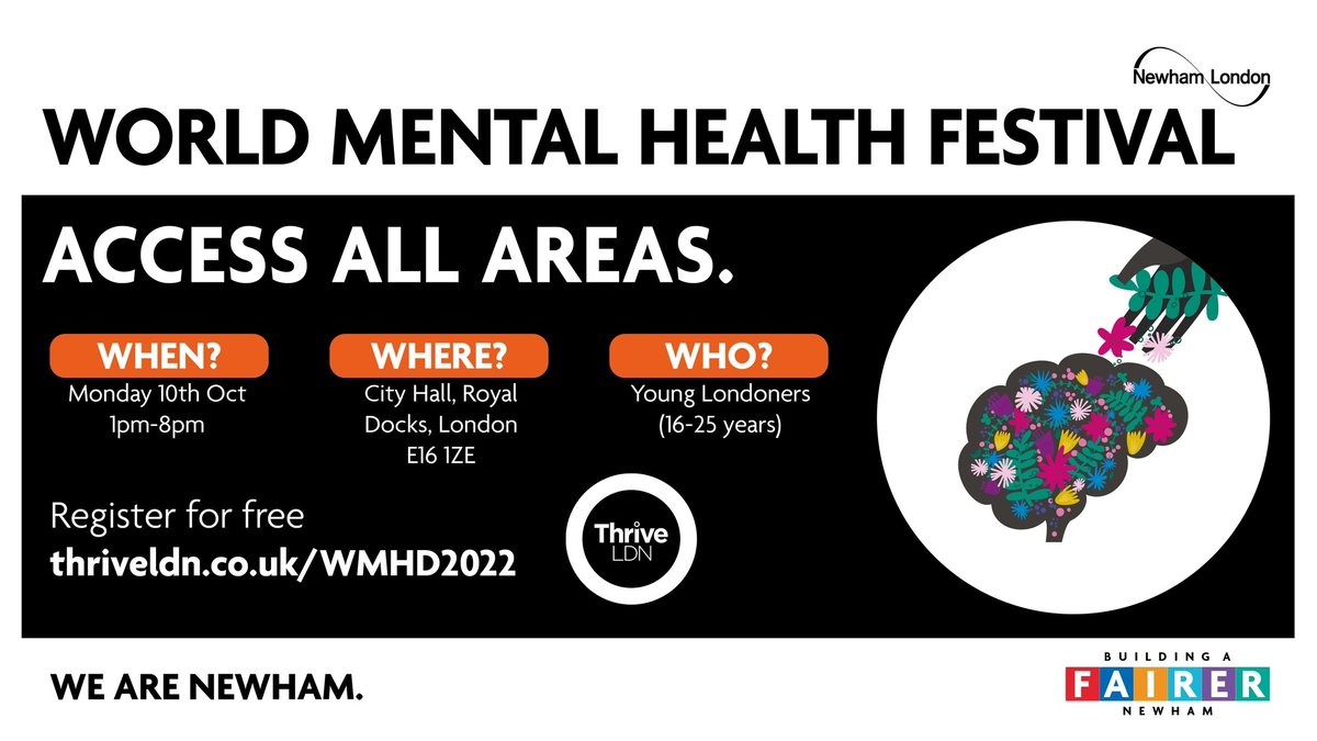 NewhamLondon's tweet photo. 📢 Young Londoners! 

On #WorldMentalHealthDay, join other young Londoners to takeover City Hall.
The FREE Access All Areas festival is about sharing experiences, gaining skills to build resilience and discovering more about how you can create change.

🎟️ https://t.co/esDaV1Jjvx https://t.co/6MQmSQVbe9
