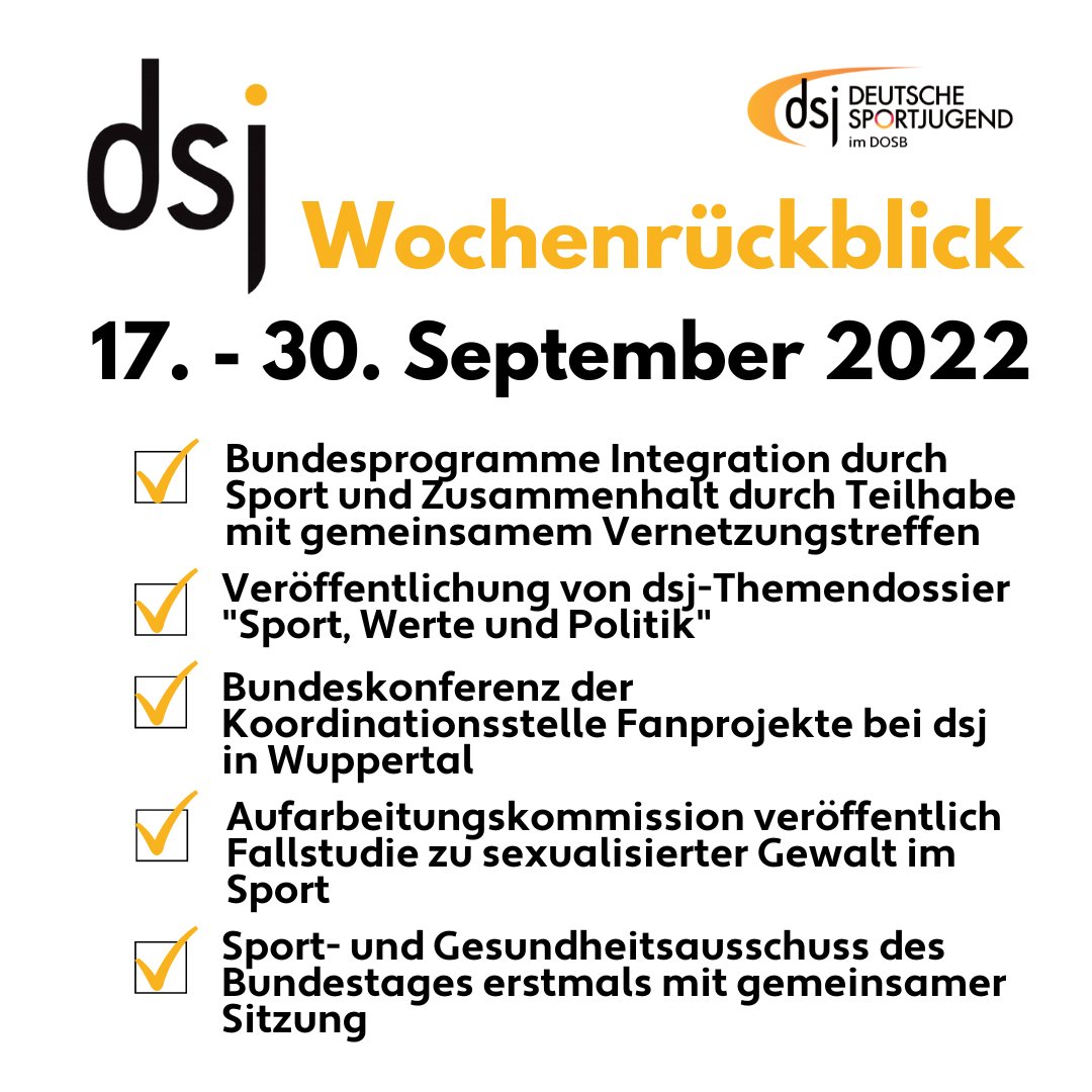 dsj4sport's tweet photo. #dsj-Wochenrückblick: #IntegrationDurchSport @DOSB_Integra und #ZusammenhaltDurchTeilhabe treffen sich zur Vernetzung; wir veröffentlichen Themendossier zu "Sport, Werte und Politik"; Fanprojekte treffen sich in Wuppertal; neue Fallstudie zu sexualisierter Gewalt im Sport u.v.m https://t.co/OwIzp8MNmV