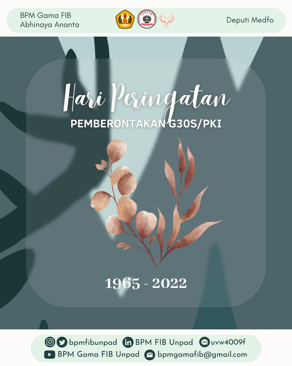 bpmfibunpad's tweet photo. [PERINGATAN G30S/PKI]

Halo, Gama FIB!

Marilah kita sejenak menundukkan kepala dan menghentikan cipta. Mendoakan para pahlawan yang sudah berjuang untuk kemerdekaan bangsa dan negara. Kepada mereka yang terlibat atau menjadi korban dalam peristiwa pemberontakan G30S/PKI. https://t.co/2lwJ7lDETF