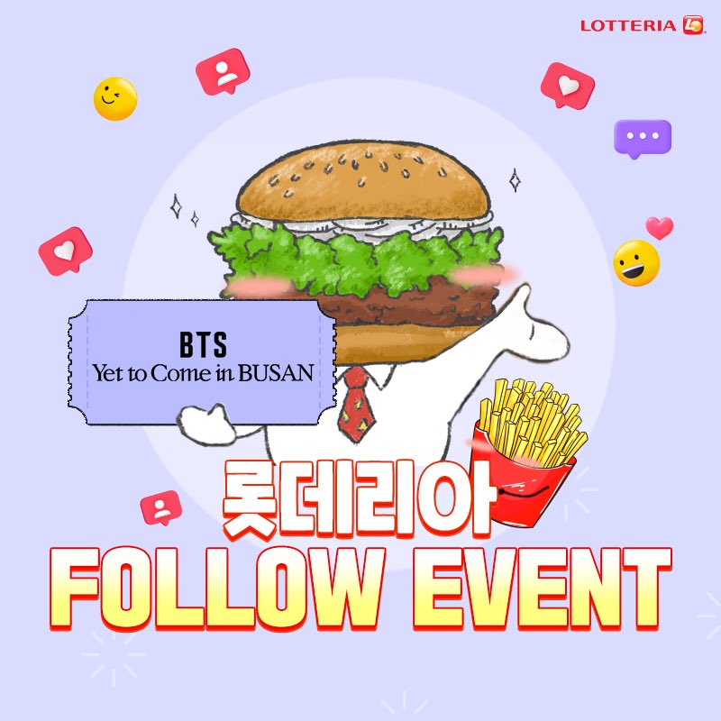 lotteria_korea's tweet photo. 최최종ver. #BTS_YettoCome_in_BUSAN  에 갈 수 있는 마지막 기회!(가 아닐까?! (😙))
#롯데리아를_위한_시 보답 이벤트 (~10/3)

참여방법
1. 롯리 계정 팔로우
2. 게시물 RT
3. #불벅30주년축하해  해시태그+불벅 30주년 축하&amp;응원 댓글 작성
당첨발표:10/6(목) https://t.co/VOUSKdLMzE