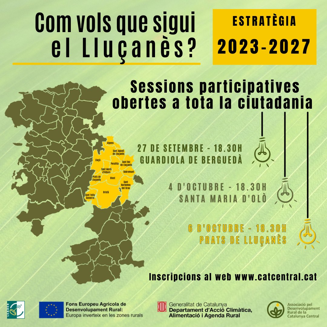💡 I tu, com t'imagines el #Lluçanès?

📍 <a href="/ADRCatCentral/">Assoc Des. Rural CC</a> organitza una nova sessió participativa per definir l'estratègia de desenvolupament local a Prats de Lluçanès. 

😃 Vine i digue-hi la teva.

📅 6 d'octubre
🕒 18.30h
📍 L'Espai

💻 Inscripcions: 

q5ydlmlummm.typeform.com/ACOGAL?typefor…