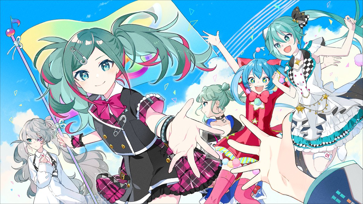 hatsune miku twintails multiple girls dress flag 5girls long hair sky  illustration images