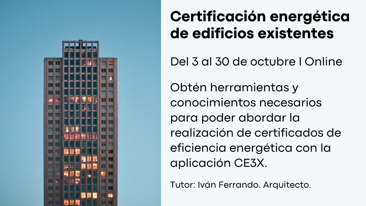 Ingeniariak's tweet photo. ¡Últimos días! Infórmate acerca de nuestro curso de #formación online sobre certificación energética de edificios existentes 💡
👉🏻 https://t.co/Cw22tx4AGQ
#certificacionenergética #CE3X #formaciónonline #Ingeniería #arquitectura https://t.co/3OxzRoNBMd