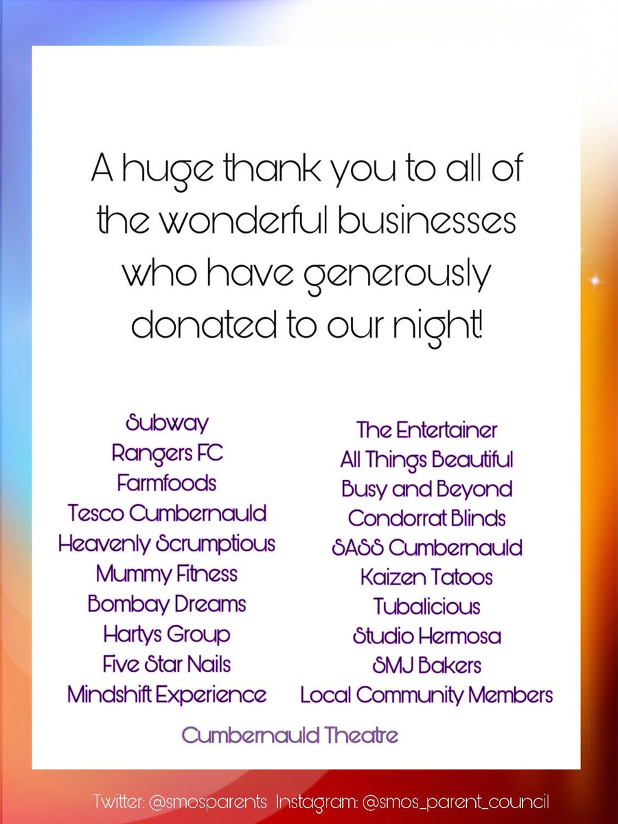 Ahead of our fun night tonight we would like to acknowledge and thank all of the businesses and members of the community that have supported us, donated prizes and given their time. We are truly grateful 🥹 
<a href="/SMOSPrimary/">St Margaret of Scotland Primary, LCSC and Nursery</a>