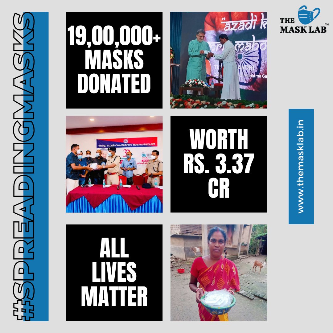 TheMaskLabIndia's tweet image. Since the #SpreadingMasks initiative began in June 2020 during the onslaught of the #COVID19 pandemic, we have donated over 19,00,000 #Masks to NGOs, charitable foundations, #healthcare bodies, and public officials across #India till March 31, 2022.