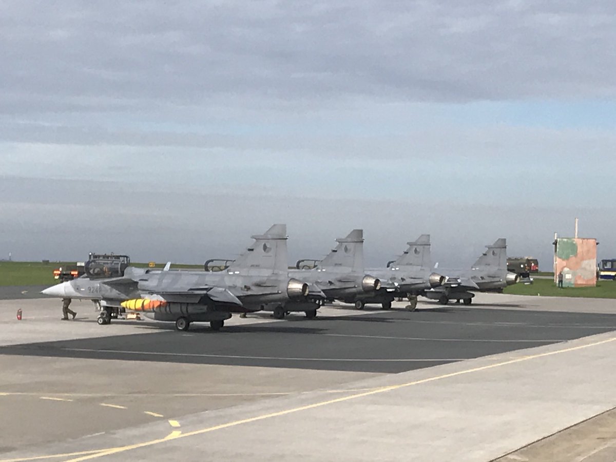 All four ⁦@ArmadaCR⁩ Gripen Cs back at Caslav. The sun came out just as they landed! All armed. Spending six months  on #BalticAirPolicing was a big effort for an air force with just 12 single seaters. Had to extend  ItalianAirForce @LockheedMarin F-35As couldn’t make it...