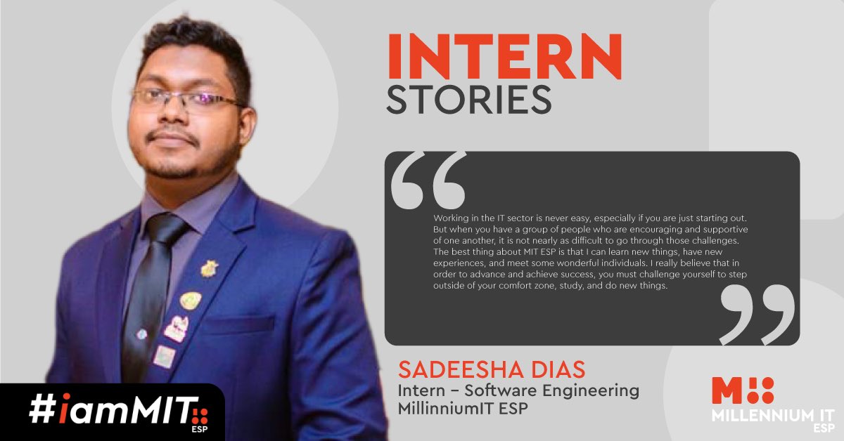 MillenniumITESP's tweet photo. Starting out in IT sector is never easy, but being surrounded by a supportive team of mentors can make all the difference! In his internship at MIT ESP,Sadeesha Dias found the encouragement needed for early confidence in his career.
#iamMIT #MITESP https://t.co/Tb7CPThevG