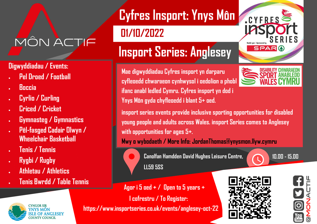 MonActif (@mon_actif) on Twitter photo 📣Digwyddiad Cyfres insport Ynys Môn / insport Series Event Anglesey
📆Yfory / Tomorrow!! (Dydd Sadwrn / Saturday 01/10/2022)
🔴 Canolfan Hamdden David Hughes Leisure Centre
💻 insportseries.co.uk/events/anglese…
<a href="/cyngormon/">Cyngor Sir Ynys Môn</a> <a href="/angleseycouncil/">Isle of Anglesey County Council</a> <a href="/dsw_news/">Disability Sport Wales</a> 📣Digwyddiad Cyfres insport Ynys Môn / insport Series Event Anglesey
📆Yfory / Tomorrow!! (Dydd Sadwrn / Saturday 01/10/2022)
🔴 Canolfan Hamdden David Hughes Leisure Centre
💻 insportseries.co.uk/events/anglese…
<a href="/cyngormon/">Cyngor Sir Ynys Môn</a> <a href="/angleseycouncil/">Isle of Anglesey County Council</a> <a href="/dsw_news/">Disability Sport Wales</a>