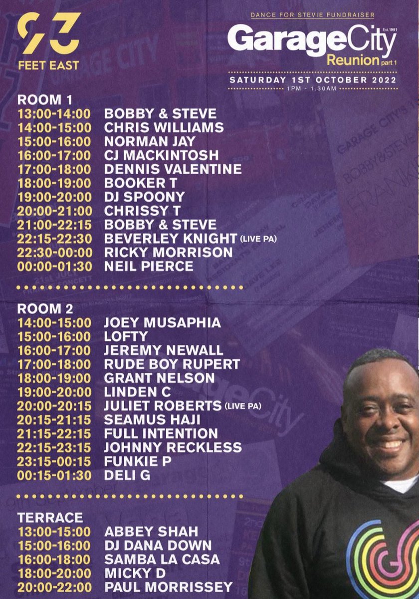 Set times for Garage City Reunion  <a href="/93FeetEast/">93FeetEast</a>  

Dance for Stevie 🙌