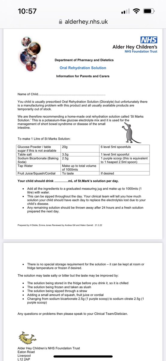 GrahamStretch's tweet photo. Just had to send Alder Hey ORS  recipe leaflet to an Entresto patient with N&amp;V because dioralyte &amp; ORS is out of stock (&amp; apply sick day rules) 

How are we in a place that Heart Failure &amp; other basic every day meds are so hard to procure?

Shameful

Link https://t.co/hqDl2OavIU https://t.co/XqyxtdpRma