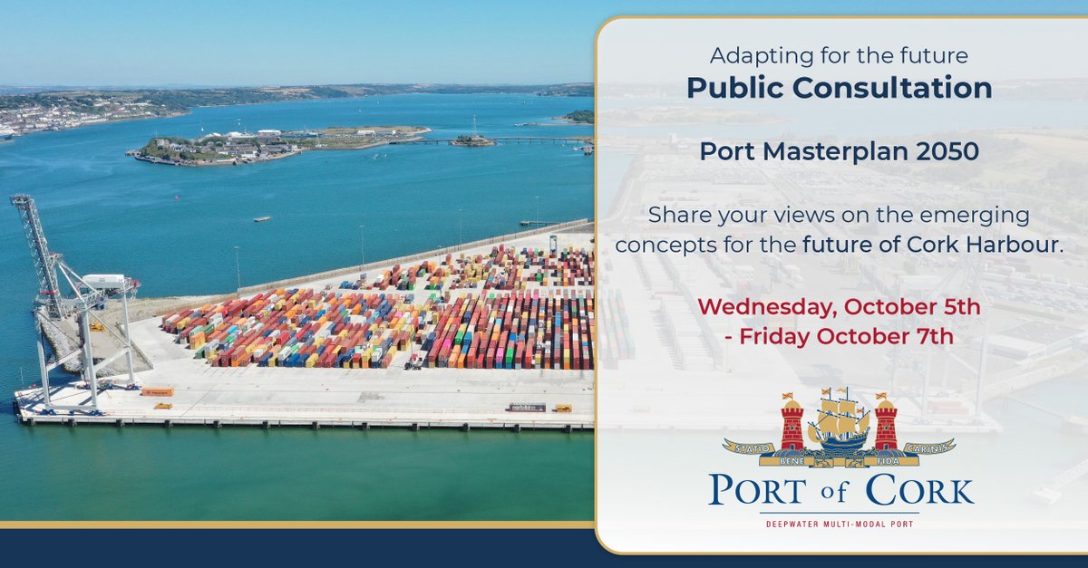 The Port of Cork Company is inviting members of the public to its 'Port Masterplan 2050' Public Consultation Days across Cork city and county.

Have your say on the emerging concepts for the future of Cork Harbour.

To find out more, please visit:
lnkd.in/eP8Z-JKx
