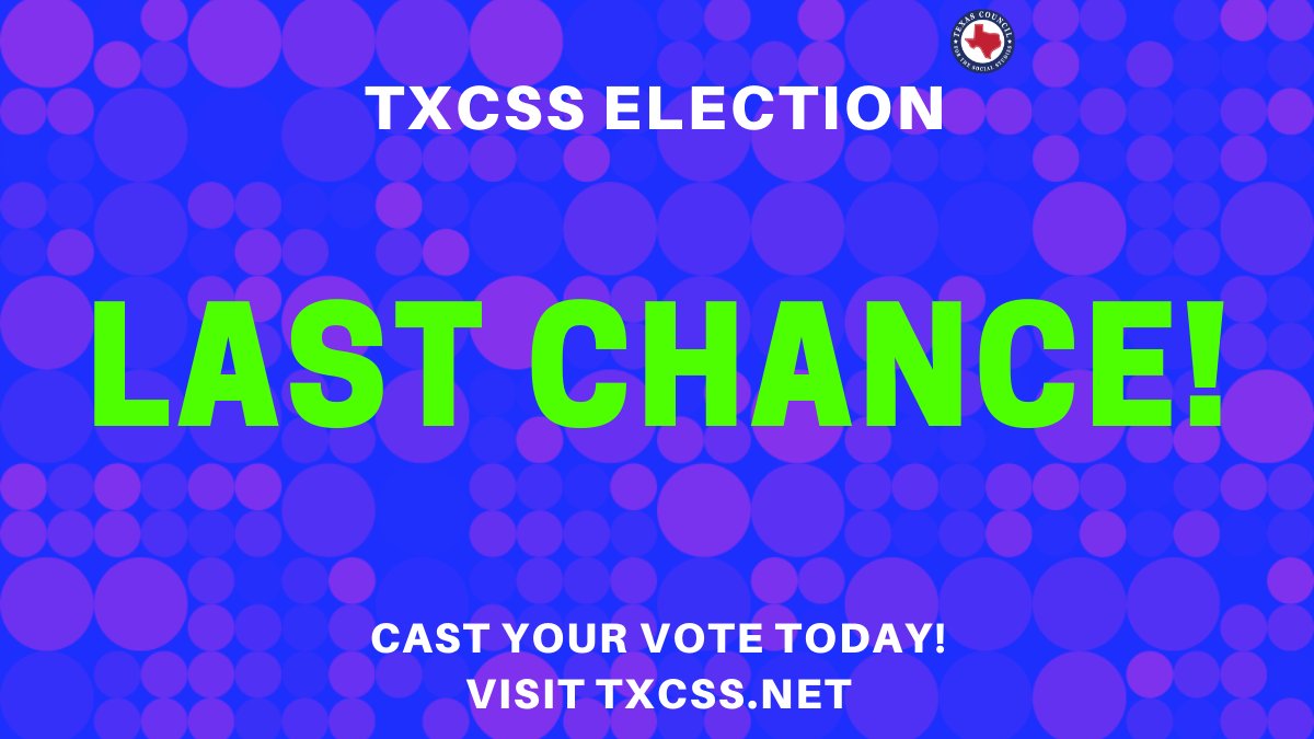 TxSocialStudies's tweet photo. LAST CHANCE. The TXCSS election for 2023 candidates ends today. Get your vote in NOW!
https://t.co/SEsy9o7PBv
#txcss #txcsselection https://t.co/E2F6w0sYBT
