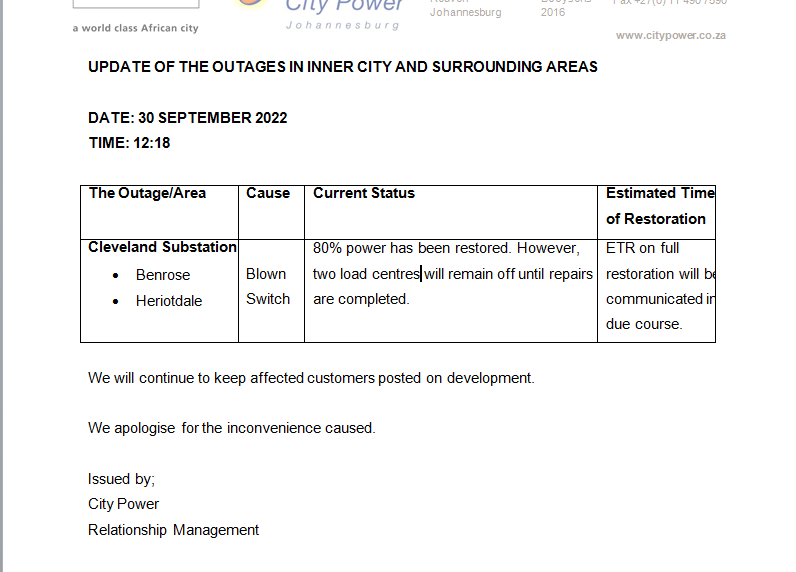 CityPowerJhb's tweet photo. #JoburgUpdates #ClevelandOutage
80% has been restored. Team is working on the remainder.^LP https://t.co/ywNsAkgWXg