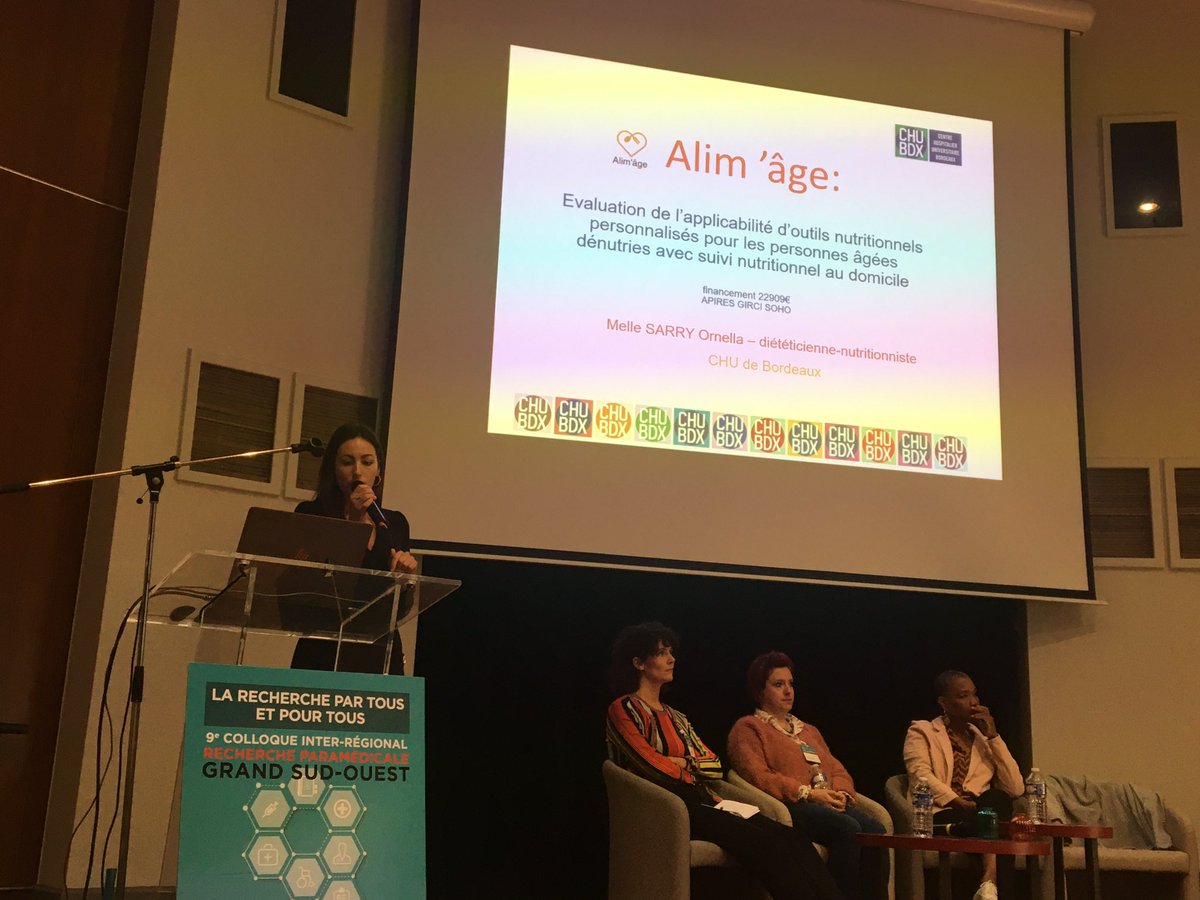 BergerValerie4's tweet photo. Ornella Sarry Dieteticienne présente son étude ‘Évaluation de l’application d’outils nutritionnels personnalisés pour les personnes âgées dénutries avec suivi nutritionnel au domicile’ 9eme colloque recherche paramédicalPoitiers.
. Bravo!⁦@CHUBordeaux⁩ https://t.co/NdOlFOnZp8